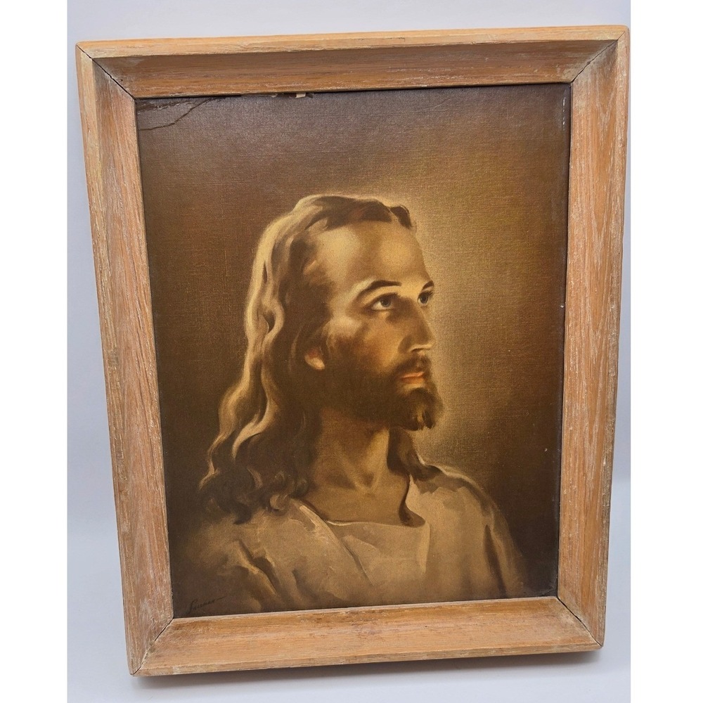 Vintage Sallman Head of Christ Framed Portrait Religious Art 8x10 on board